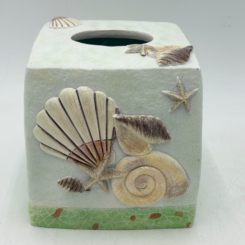 Coastal Seashell Starfish Tissue Box Cover Square Nautical Bathroom Decor Resin